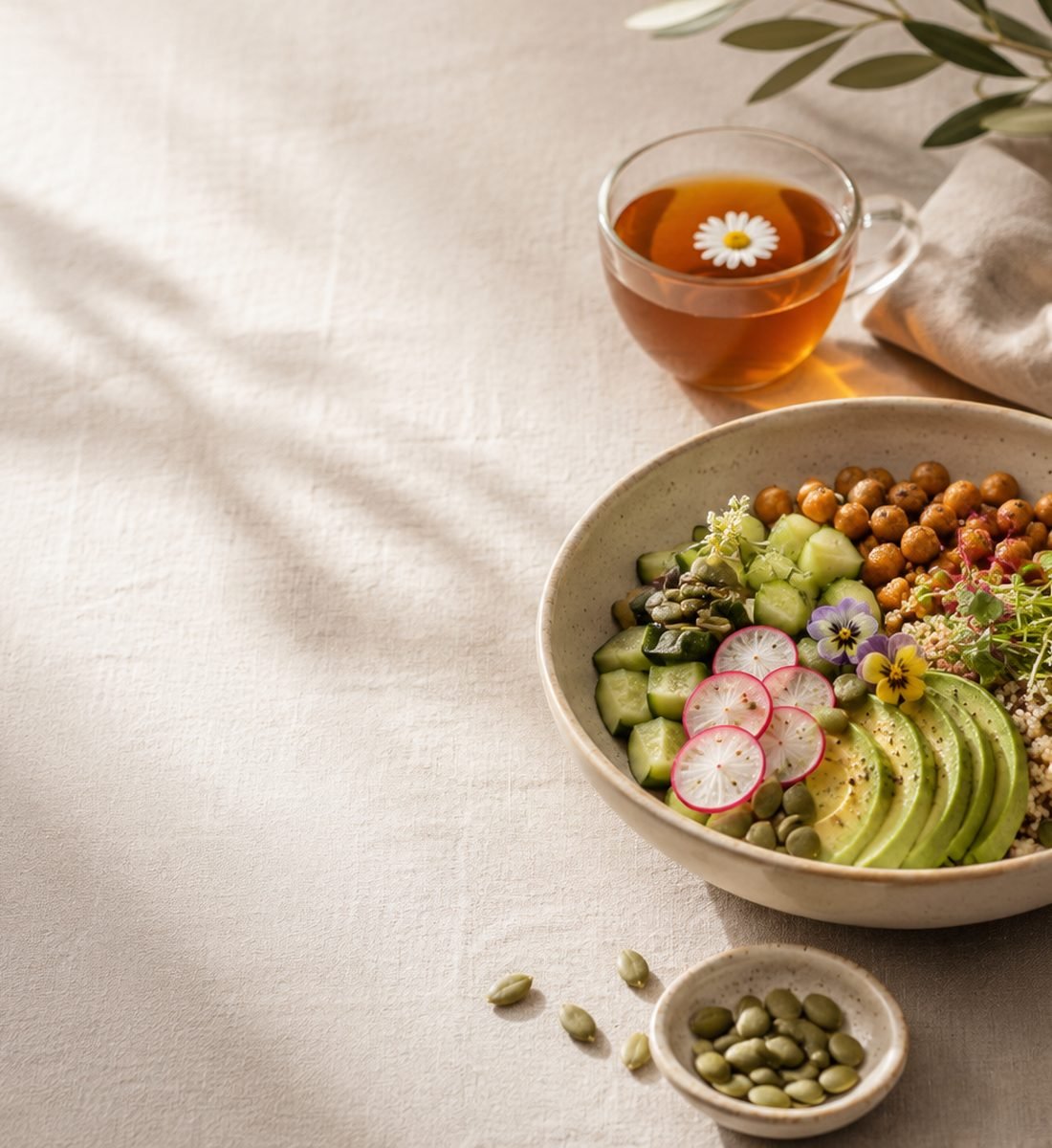 A grain and vegetable bowl with chamomile tea, on a sunlit linen table with an olive branch