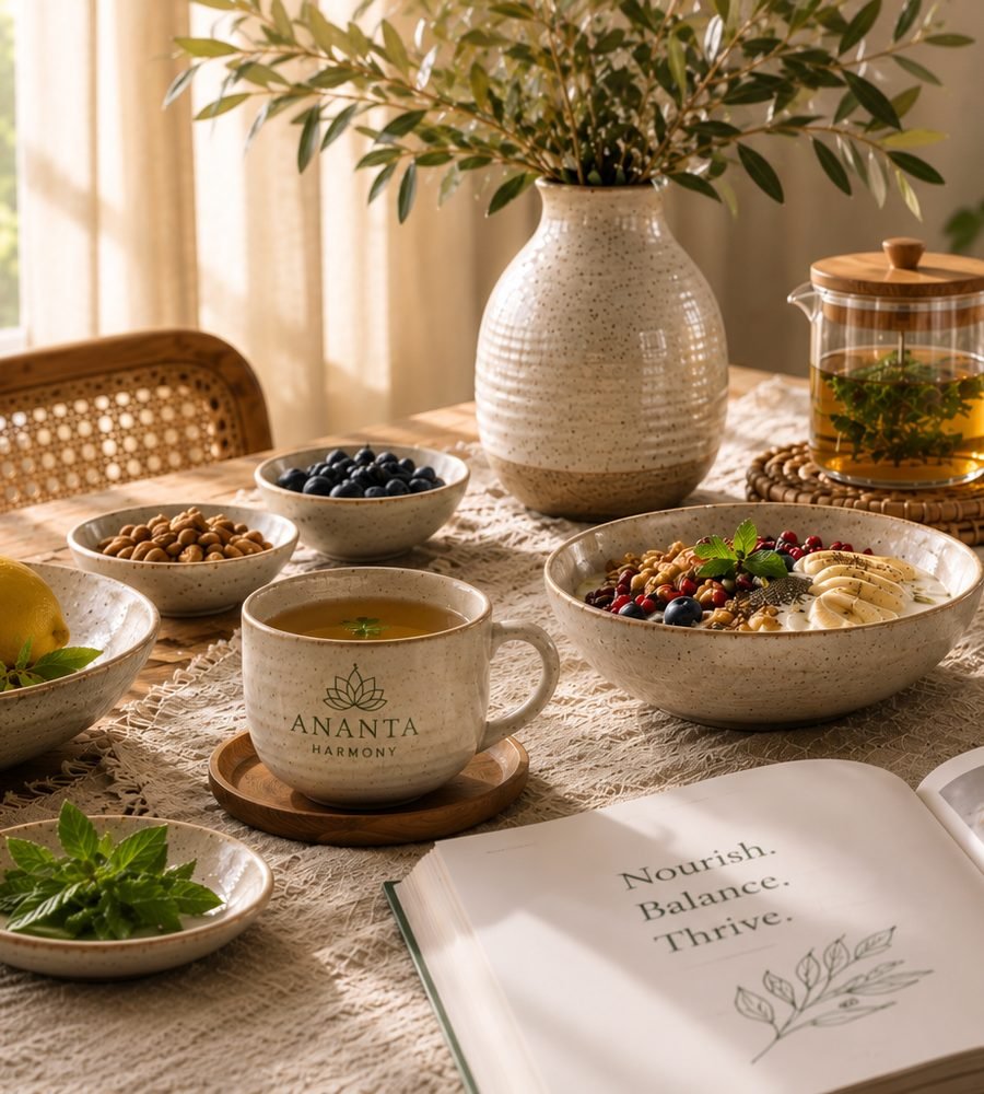 A sunlit table styled with lemons, tea, an Ananta Harmony mug, and wellness books