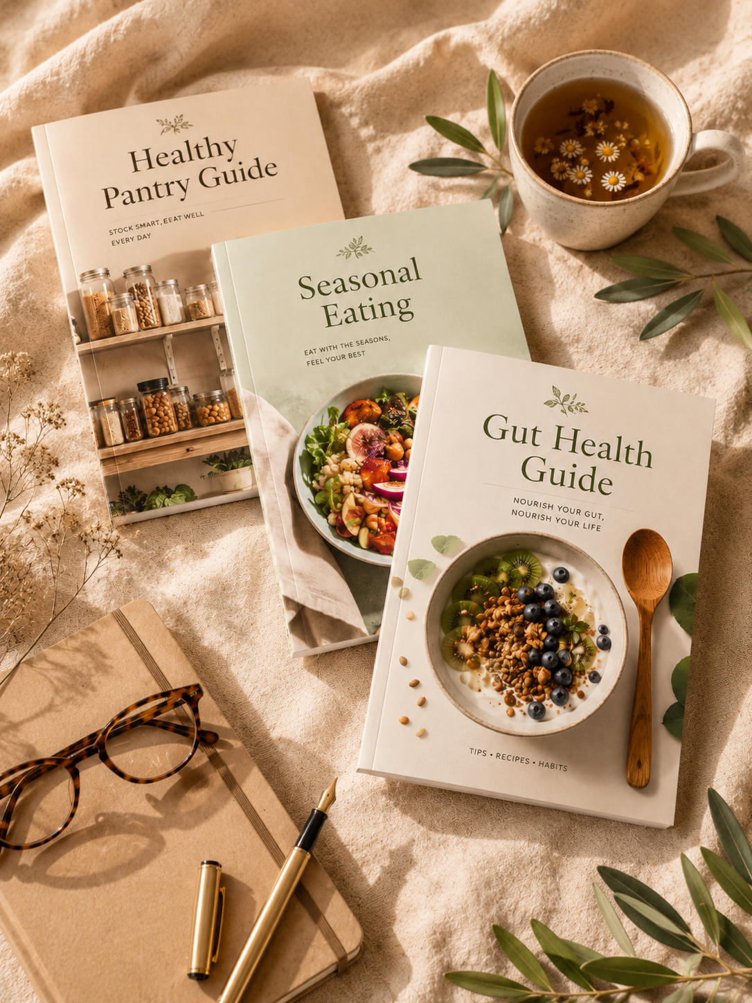 Wellness guide books featuring Gut Health Guide, Seasonal Eating, and Healthy Pantry Guide on a soft linen background.