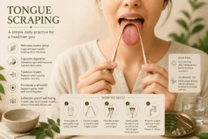 Tongue scraping as part of a daily Ayurvedic morning routine
