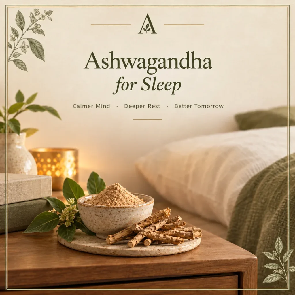 Ashwagandha root powder and dried roots on a bedside table, suggesting ashwagandha for sleep