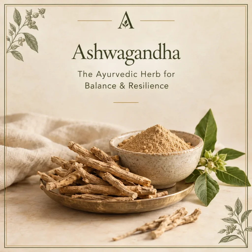Dried ashwagandha roots on a brass plate beside a bowl of ashwagandha root powder and fresh leaves