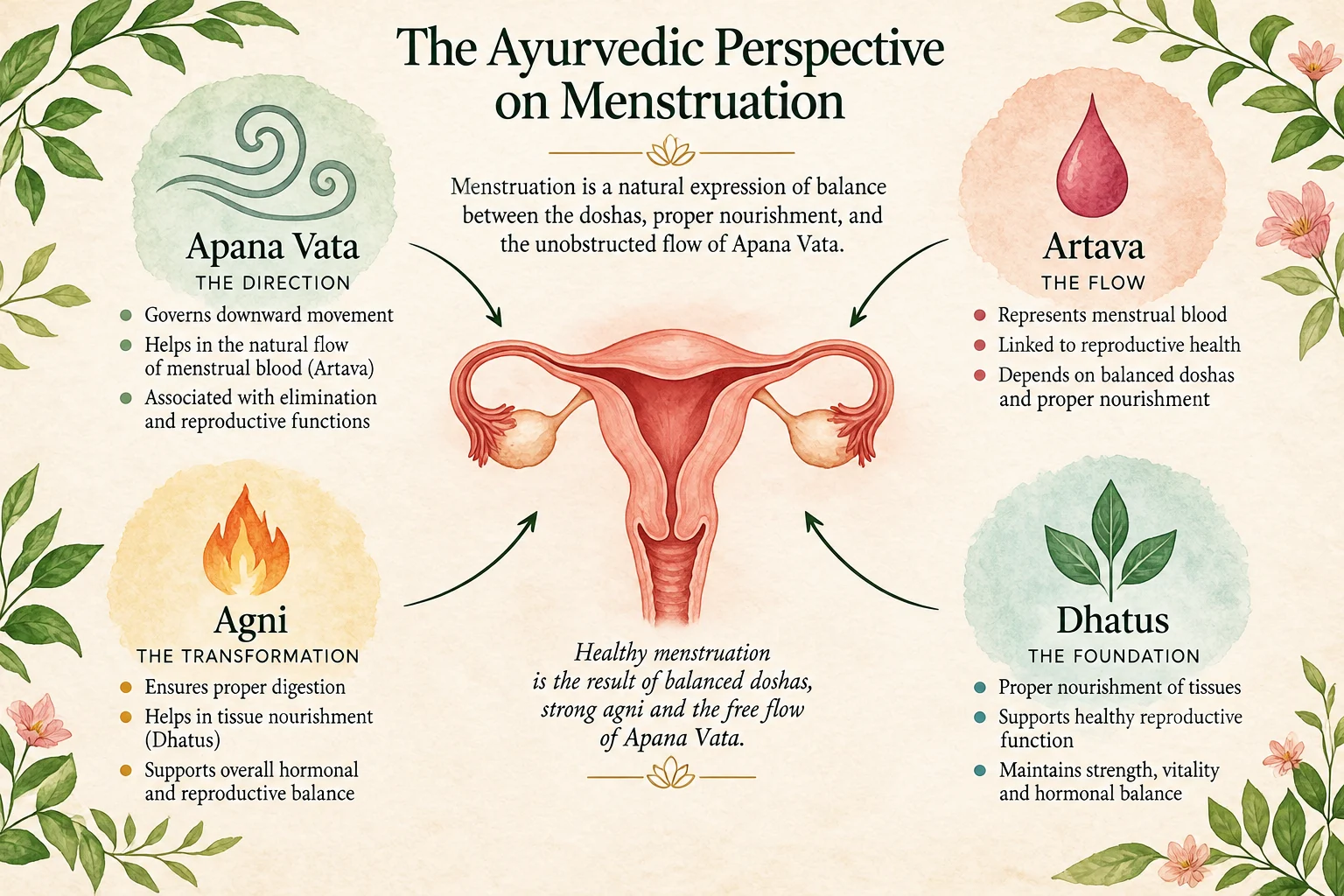 Infographic showing the four Ayurvedic factors in menstruation: Apana Vata, Artava, Agni and the Dhatus