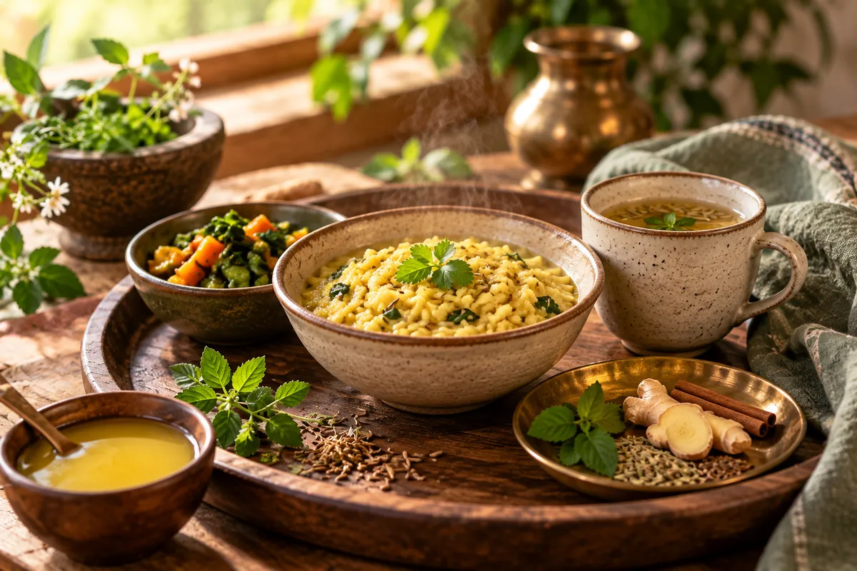 Bowl of warm khichdi with ghee, cooked vegetables, ginger and a cup of cumin tea on a wooden tray