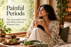 Woman resting by a sunlit window with a warm herbal drink, illustrating the Ayurvedic view of painful periods