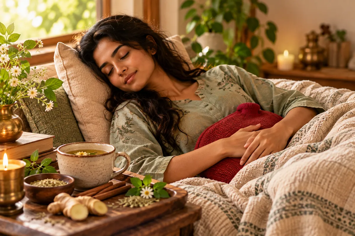 Woman resting under a quilt with a hot water bottle on her abdomen and herbal tea beside her