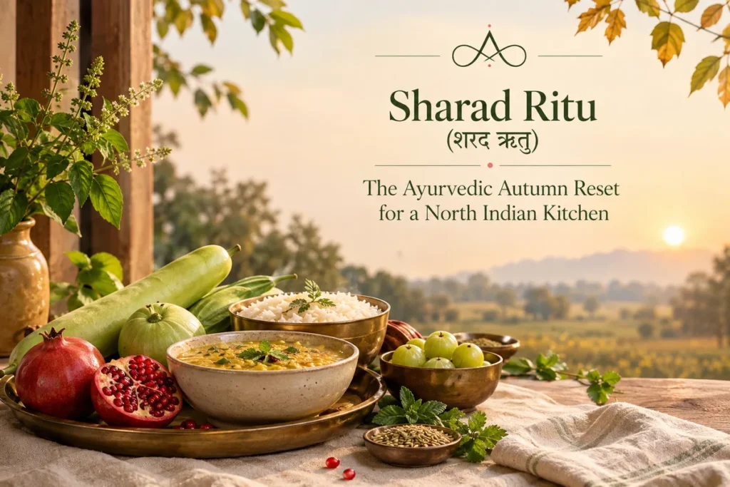 Sharad Ritu autumn table with bottle gourd, pomegranate, rice, moong dal and amla at sunset in a north Indian kitchen